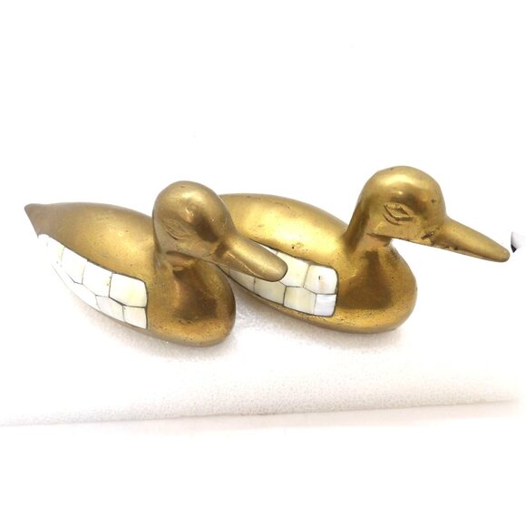 Brass Ducks with Mother of Pearl Wings 7" Long preowned - Picture 3 of 3